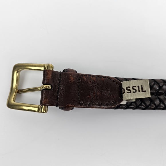 Vintage Mens Fossil Brown Braided Leather Belt Gold Tone Buckle sz 42 - Picture 4 of 7